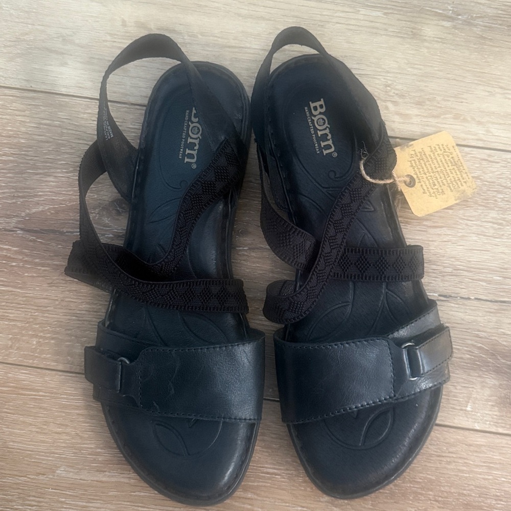 Born Britton Leather Uppers Open Toe CasualStrappy Flat Sandals Black Women's 10